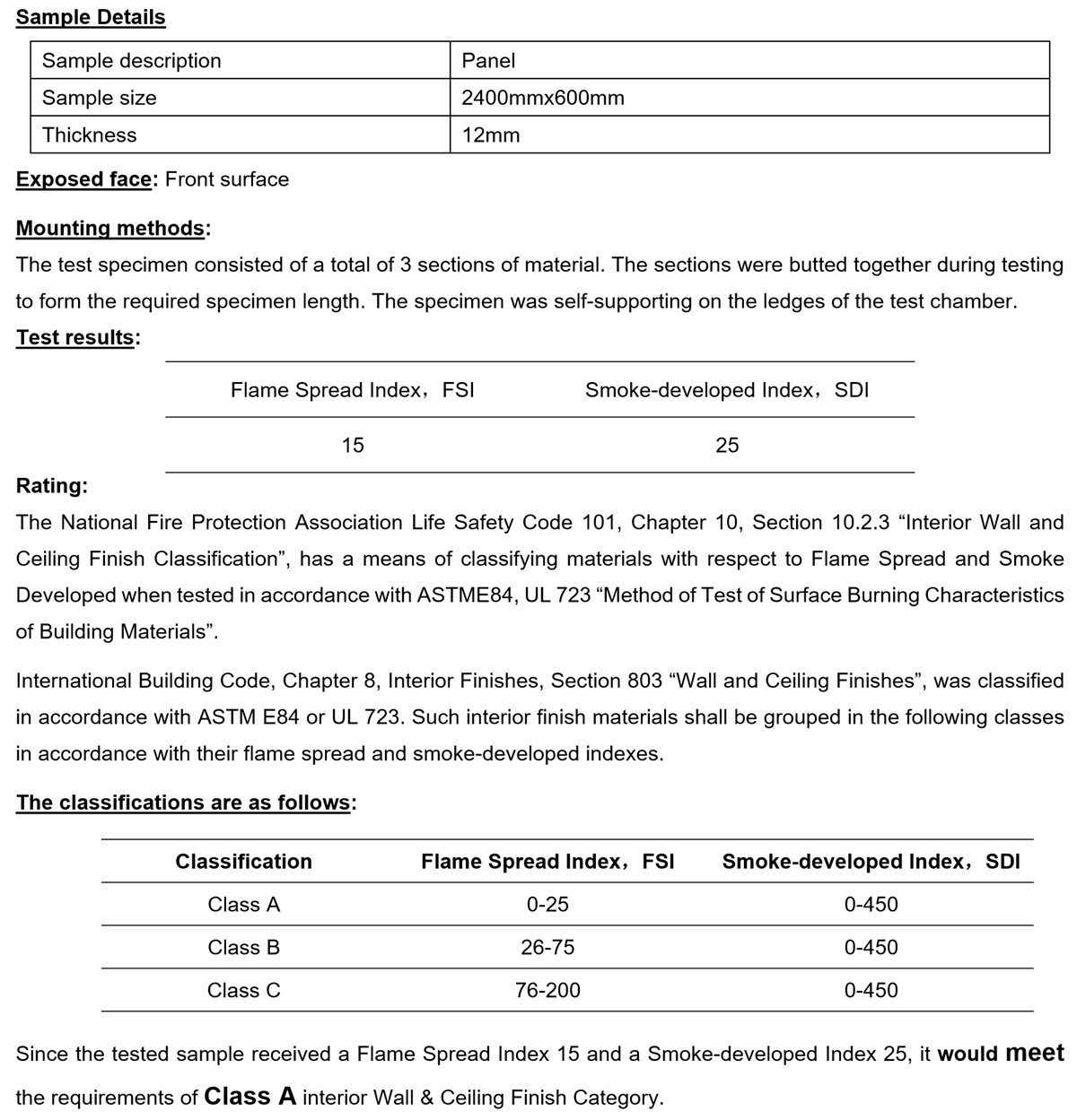 SGS ASTM E84 test report for Jiadian PET acoustic panel: flame spread index 15, smoke developed index 25, Class A
